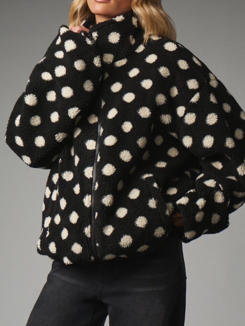 Multicolor Casual Women's Oversized Polka Dot Teddy Zip-Up Jacket